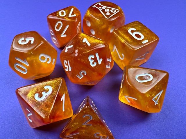 Borealis Blood Orange/white Luminary Polyhedral 7-Dice Set (with bonus die)