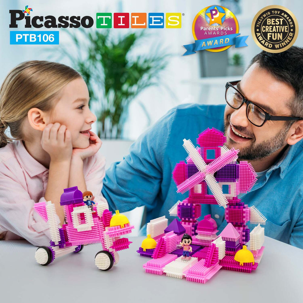 PicassoTiles PTB106 Pink Castle Hedgehog Building Blocks 106 pc Basic Building Set